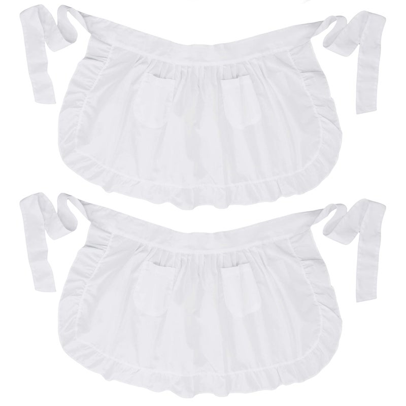 LilMents Twin Pack Retro Kitchen Ruffles Waist Apron with Pockets (White) - Image 1